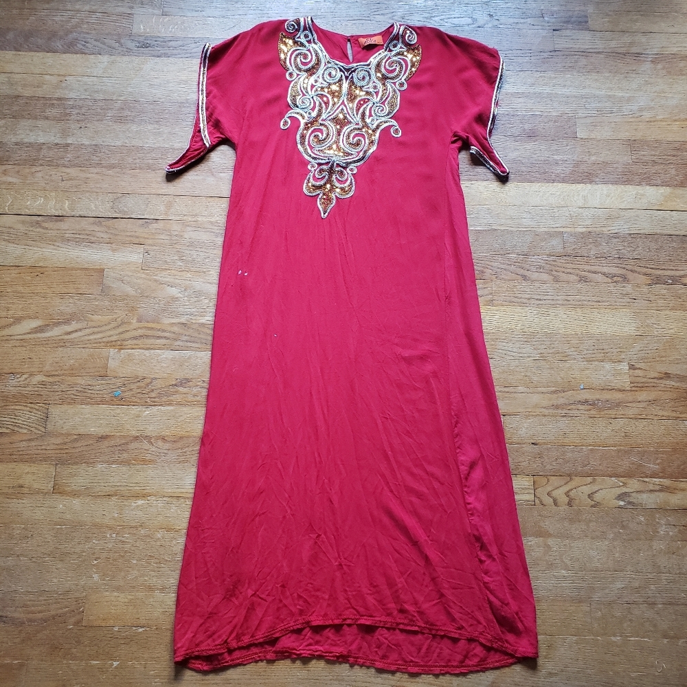 Vintage Eastern Red Rayon summer tunic kaftan Gold Embroidery Sequins Large L